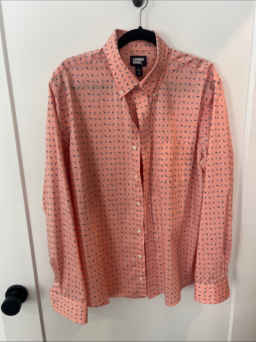 Lands' End Men's Peach Button-Down Shirt with Navy Micro Print